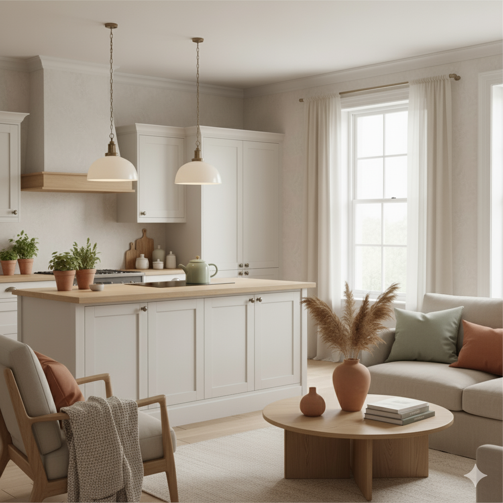 Modern kitchen and living room with white cabinets, wooden countertops, and neutral decor.